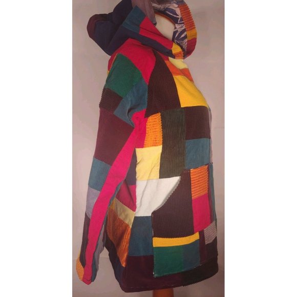 Handmade Patchwork Unisex Small Rainbow Corduroy Festival Jacket Hoodie Hippie - Picture 6 of 10